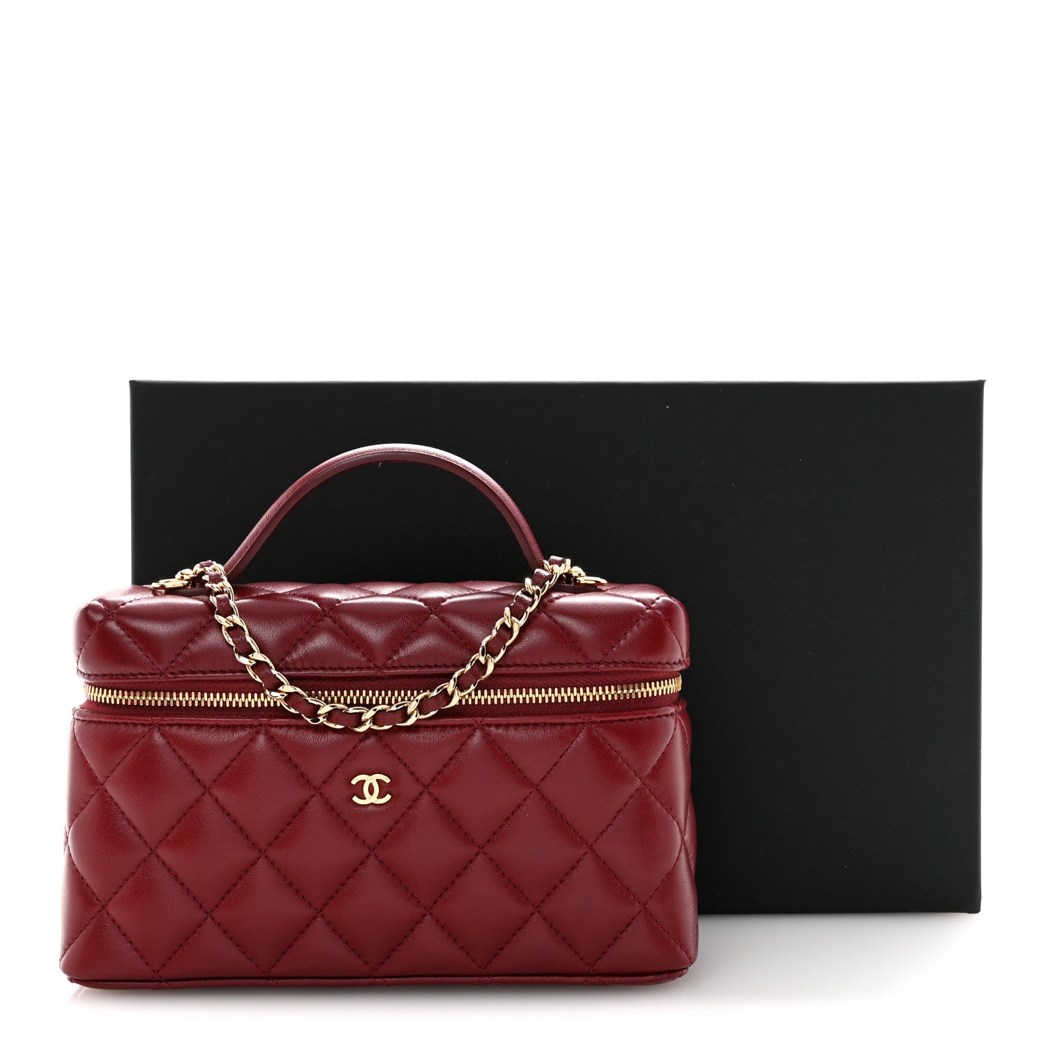 Chanel Lambskin Quilted Top Handle Slim Vanity With Chain Burgundy