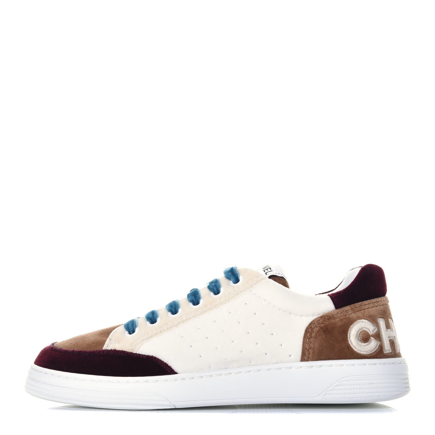 Chanel Calfskin Velvet Womens Logo Sneakers 38 White Beige Burgundy 1 of 10