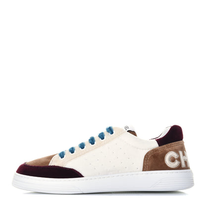 Chanel Calfskin Velvet Womens Logo Sneakers 38 White Beige Burgundy 1 of 10
