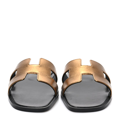 Hermes Metallic Nappa Oran Sandals 37.5 Vert Bronze 2 of 7