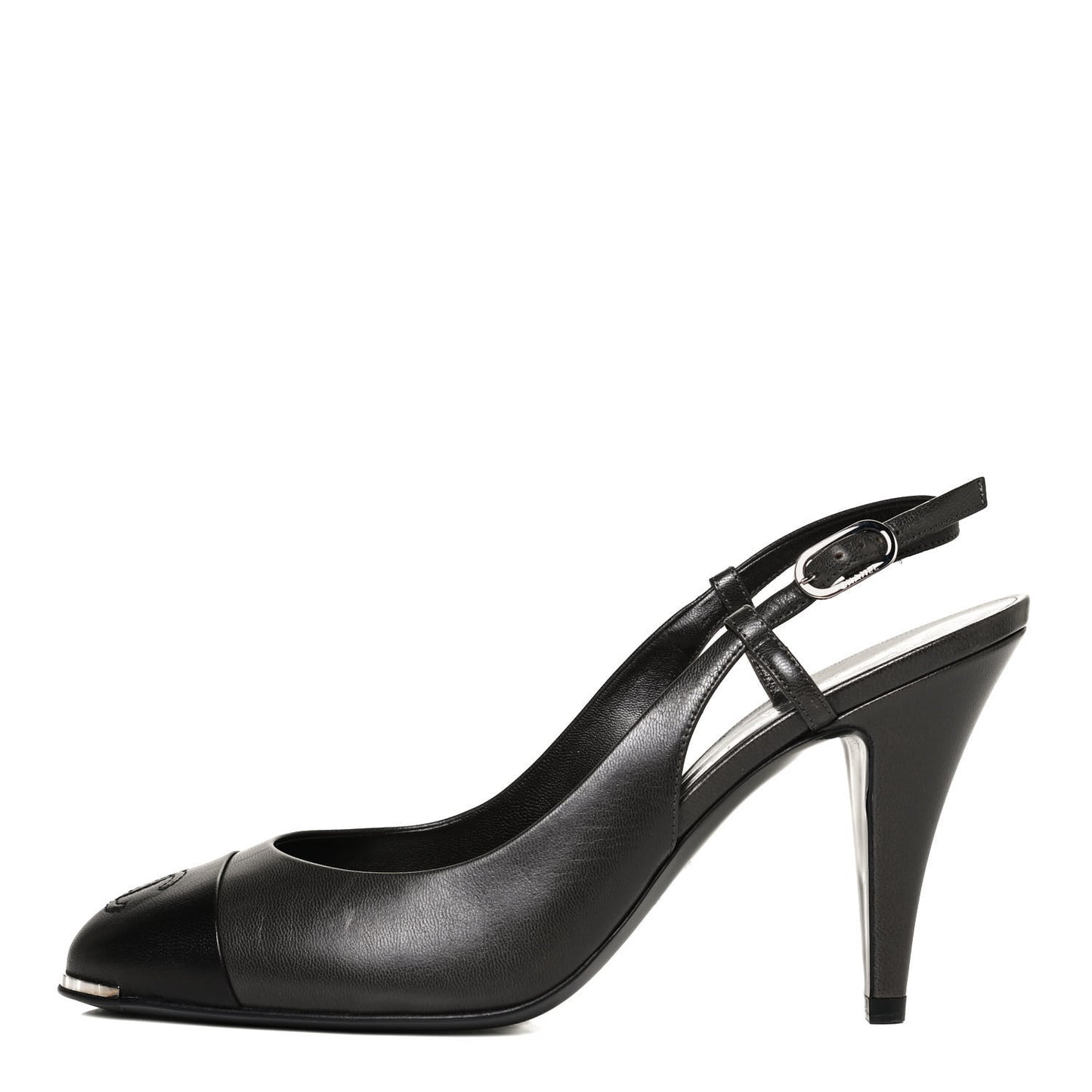 Lambskin Cap Toe CC Slingback Heels 39.5 Grey Black