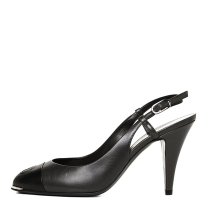 Chanel Lambskin Cap Toe CC Slingback Heels 39.5 Grey Black 1 of 11