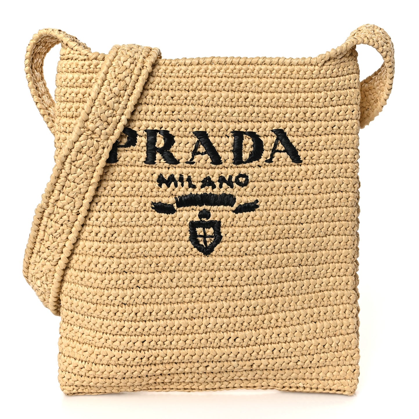 Yarn Raffia Effect Crochet Embroidered Logo Tote Messenger Bag Naturale