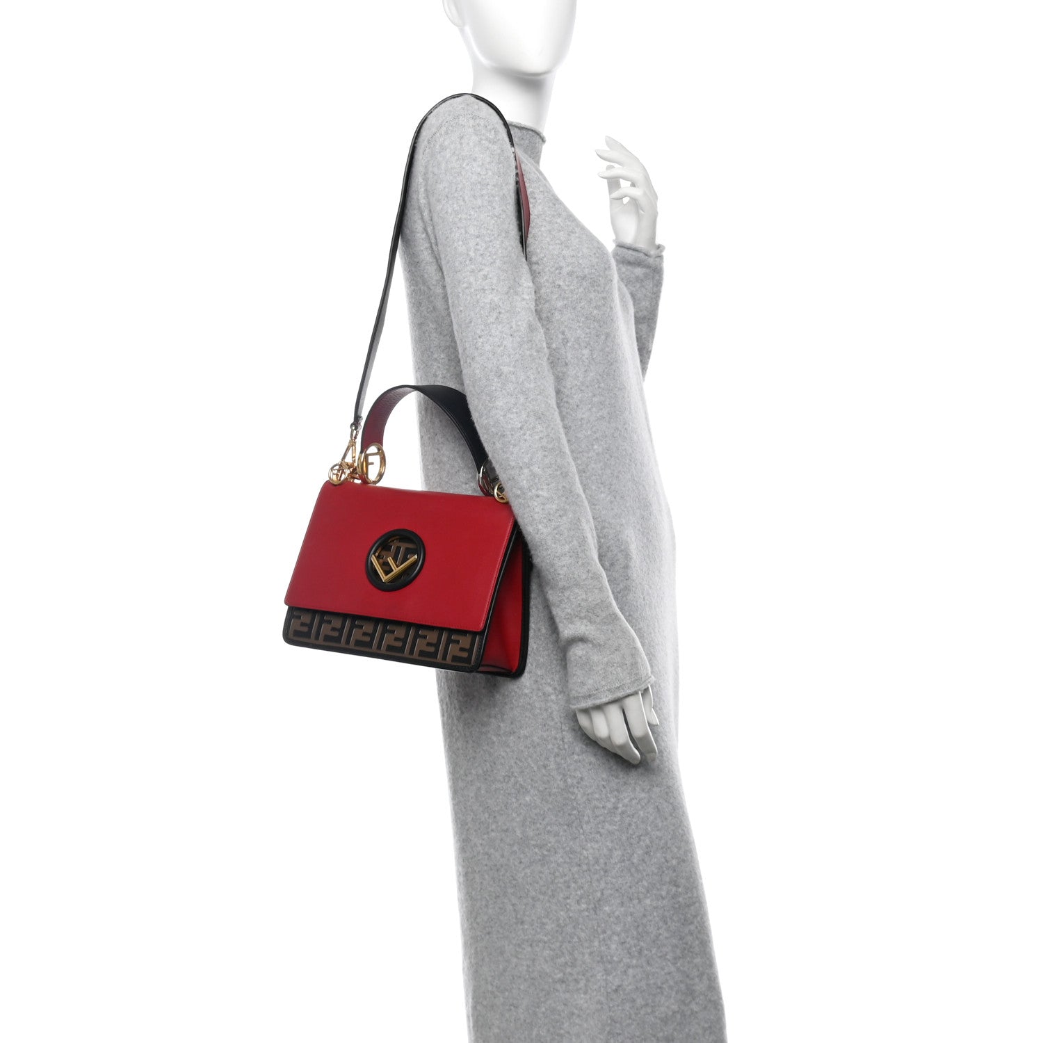 Fendi Vitello Century F is Fendi Bi-Color FF 1974 Embossed Kan I Shoulder Bag Fragola Maya Black 2 of 14