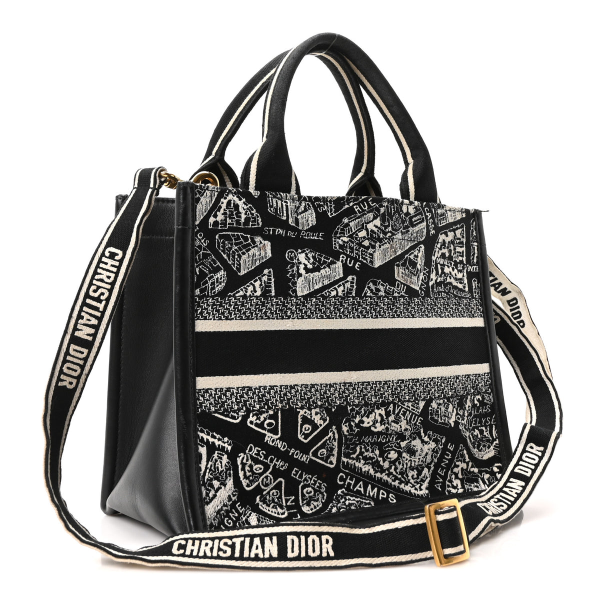 Christian Dior Canvas Calfskin Embroidered Small Plan De Paris Book Tote With Strap Black White 3 of 11