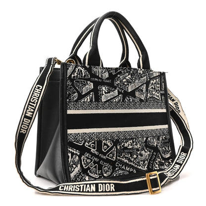Christian Dior Canvas Calfskin Embroidered Small Plan De Paris Book Tote With Strap Black White 3 of 11