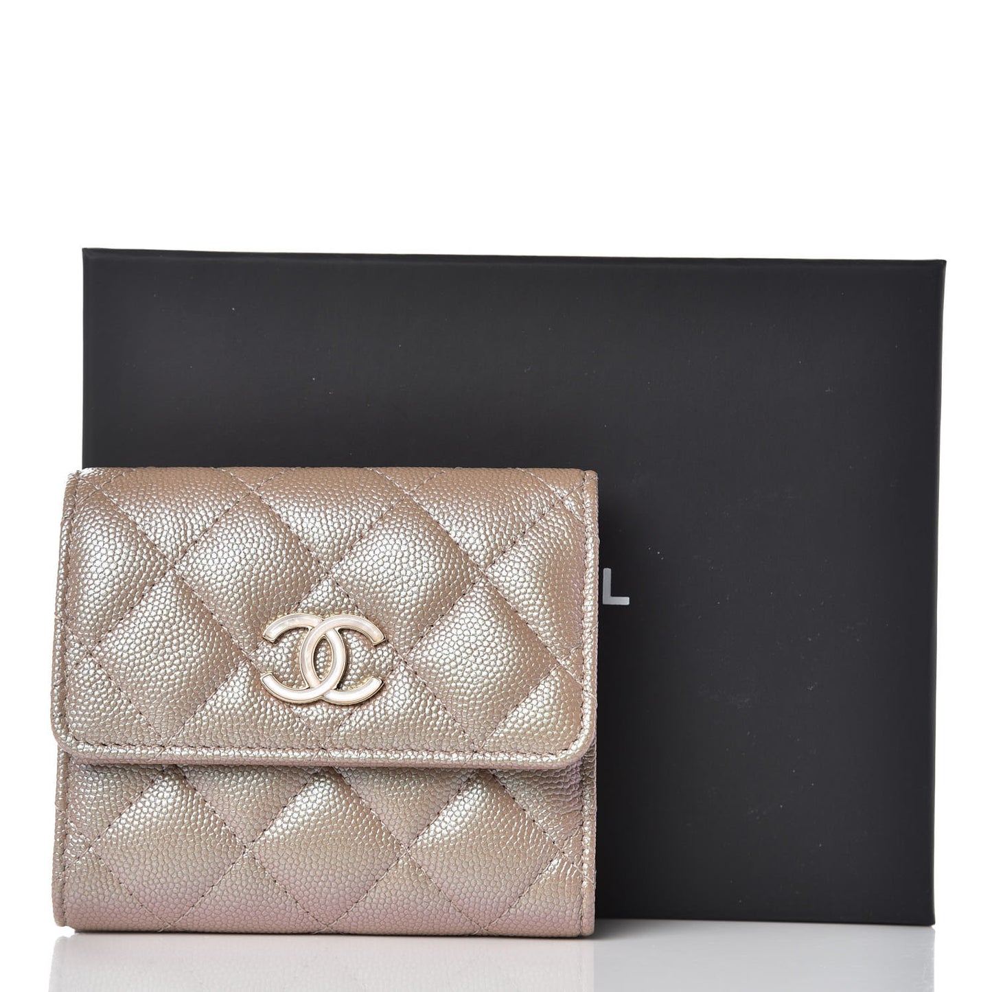 Iridescent Caviar Quilted Small Flap Wallet Beige