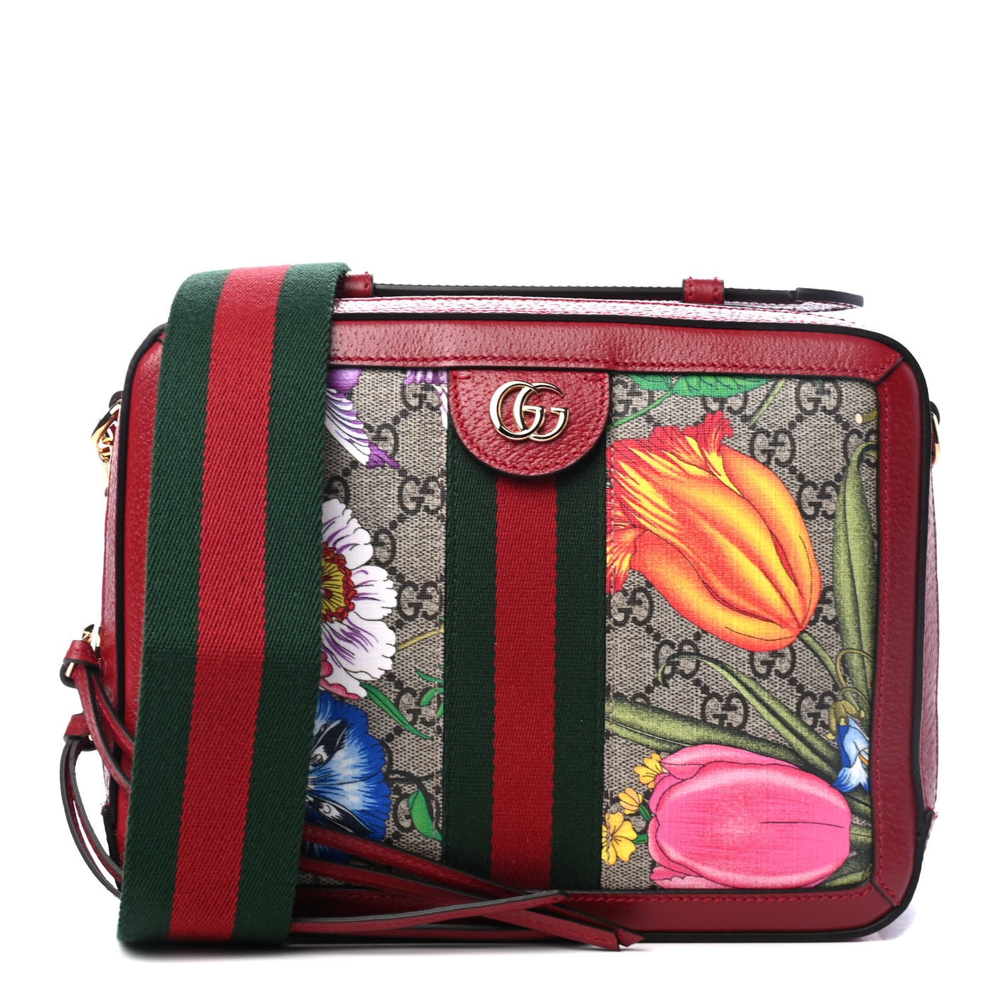 GG Supreme Monogram Flora Web Small Ophidia Top Handle Shoulder Bag Hibiscus Red