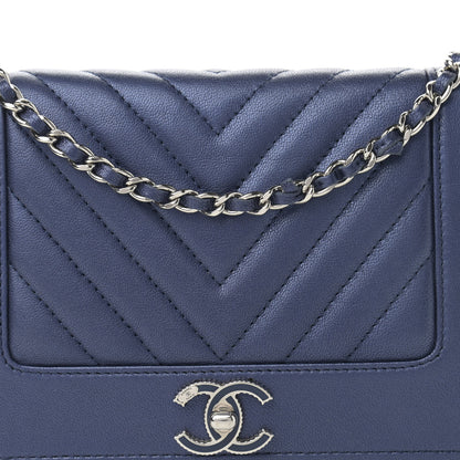 Chanel Metallic Sheepskin Chevron Quilted Vintage Mademoiselle Wallet On Chain WOC Navy 9 of 15