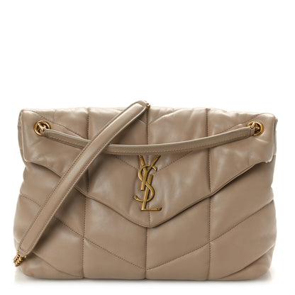 Saint Laurent Lambskin Quilted Medium Loulou Puffer Monogram Chain Satchel Dark Beige 1 of 10