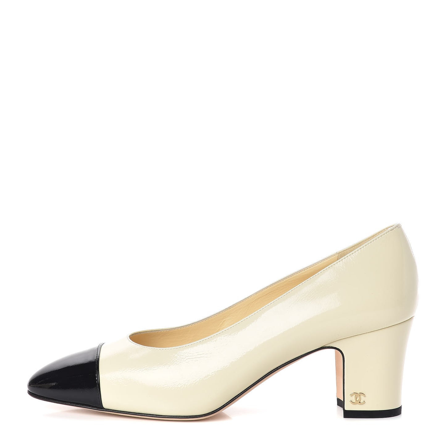 Patent Calfskin CC Cap Toe Low Heel Pumps 41 White Black