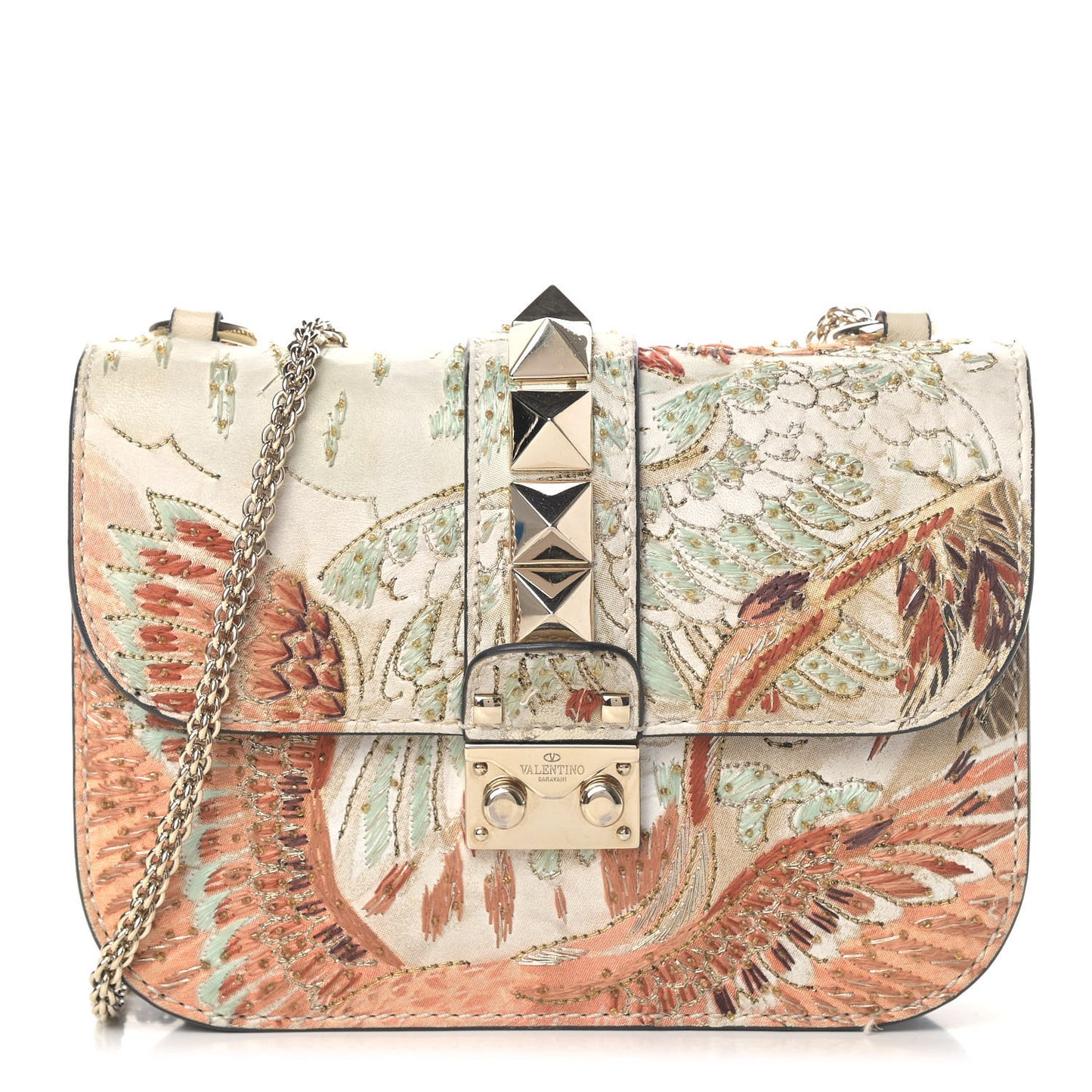 Vitello Japanese Bird Embroidered Small Glam Lock Rockstud Flap Multicolor
