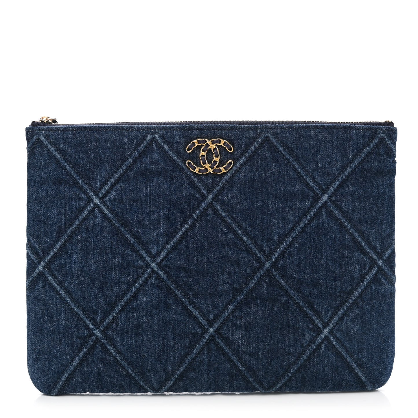 Denim Quilted Large Chanel 19 Pouch Dark Blue