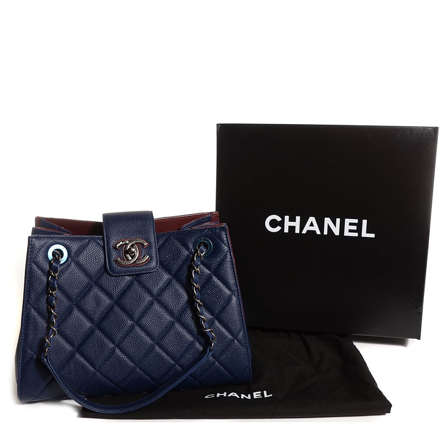 Chanel Grained Calfskin Quilted CC Accordion Small Tote Blue 6 of 10