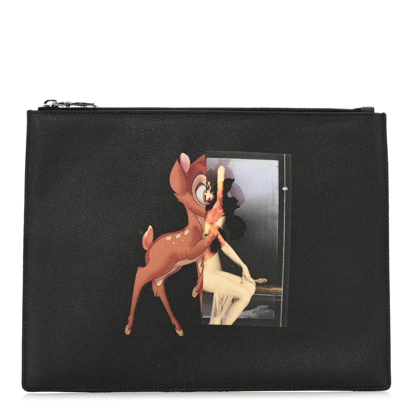 Textured Coated Canvas Bambi Print Cosmetic Pouch Black