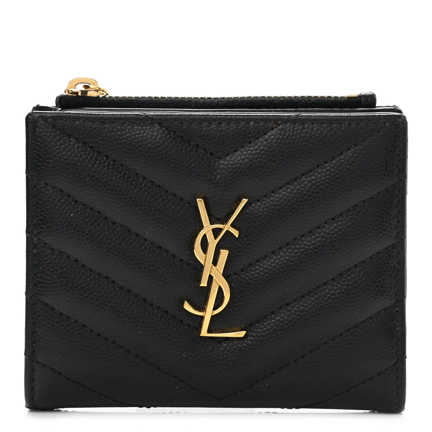 Saint Laurent Grain De Poudre Matelasse Chevron Monogram Zipped Card Case Black 1 of 8