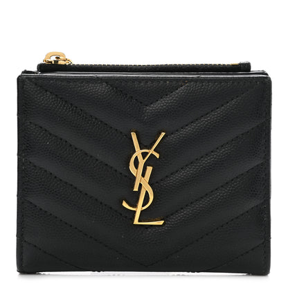 Saint Laurent Grain De Poudre Matelasse Chevron Monogram Zipped Card Case Black 1 of 8