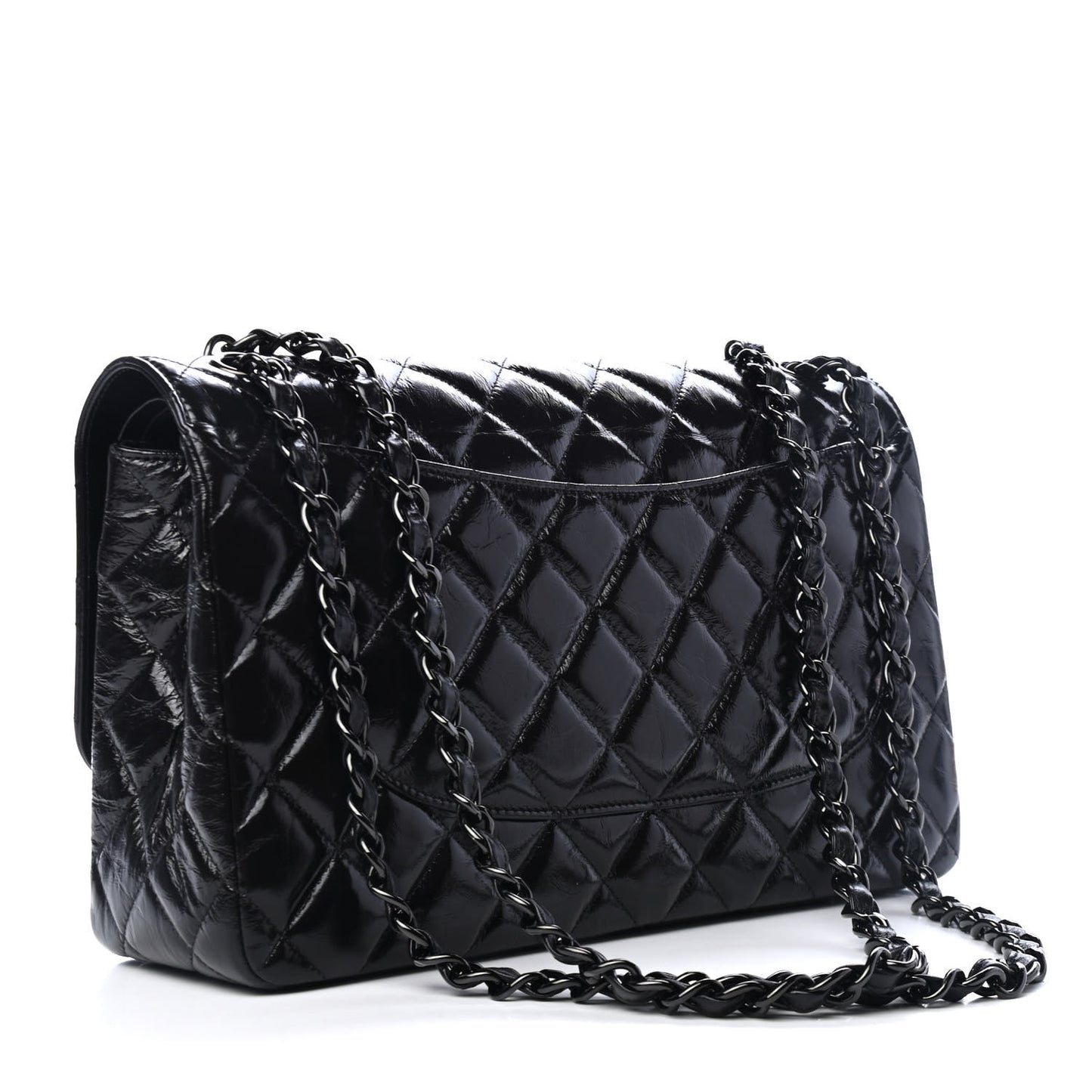 Shiny Distressed Calfskin Quilted Jumbo Double Flap So Black