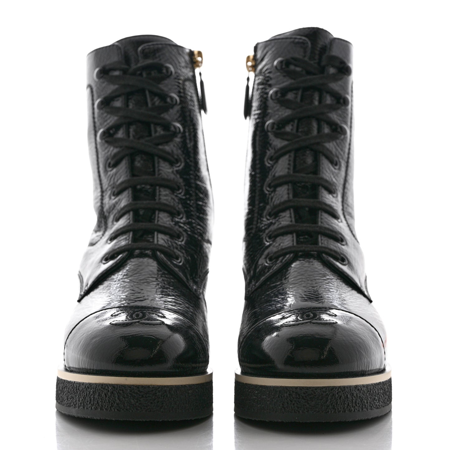 Shiny Crumpled Lambskin Lace Up Combat Boots 40.5 Black