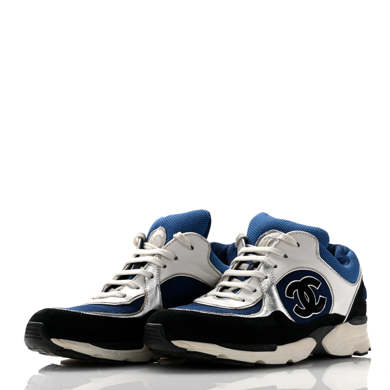 Chanel Mesh Suede Calfskin Womens CC Sneakers 37.5 Dark Blue Black White 3 of 10