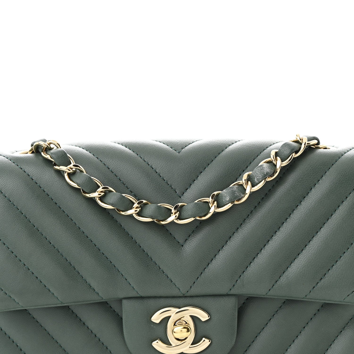 Chanel Lambskin Chevron Quilted Mini Rectangular Flap Dark Green 8 of 11