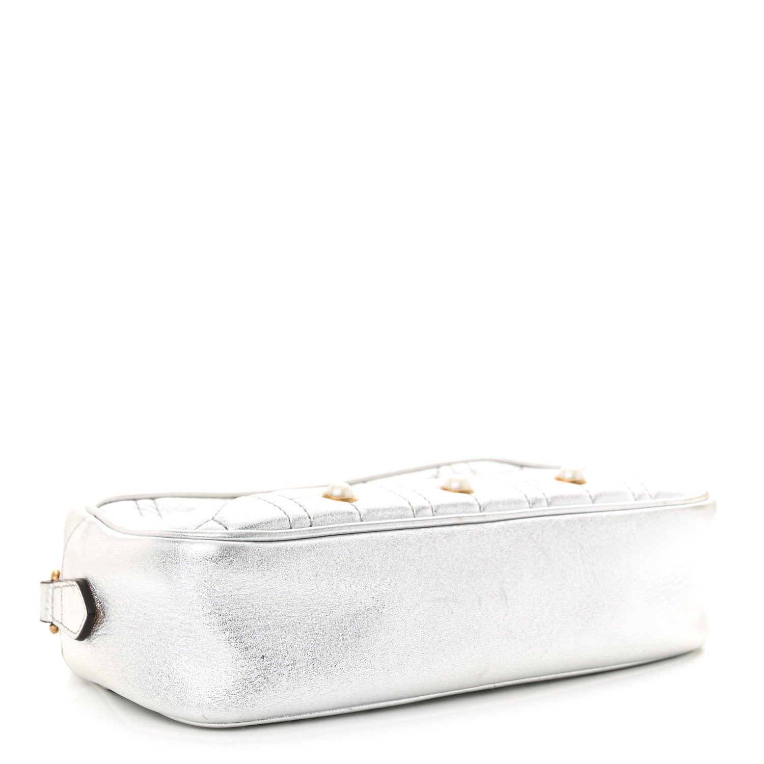 Gucci Metallic Calfskin Matelasse Studded Small Pearly GG Marmont Chain Shoulder Bag Silver 4 of 14