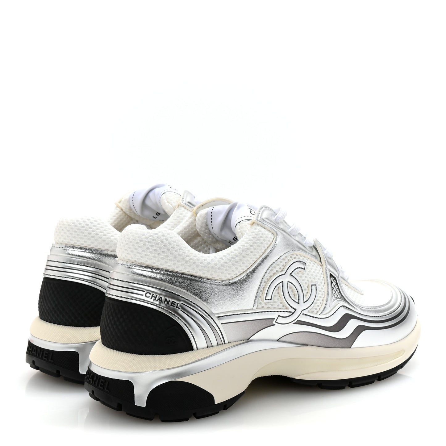 Fabric Laminated Calfskin Stretch CC Womens Sneakers 38.5 Ivory White Silver