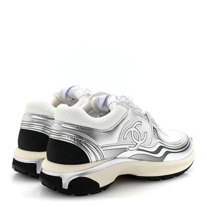 Chanel Fabric Laminated Calfskin Stretch CC Womens Sneakers 38.5 Ivory White Silver 5 of 10