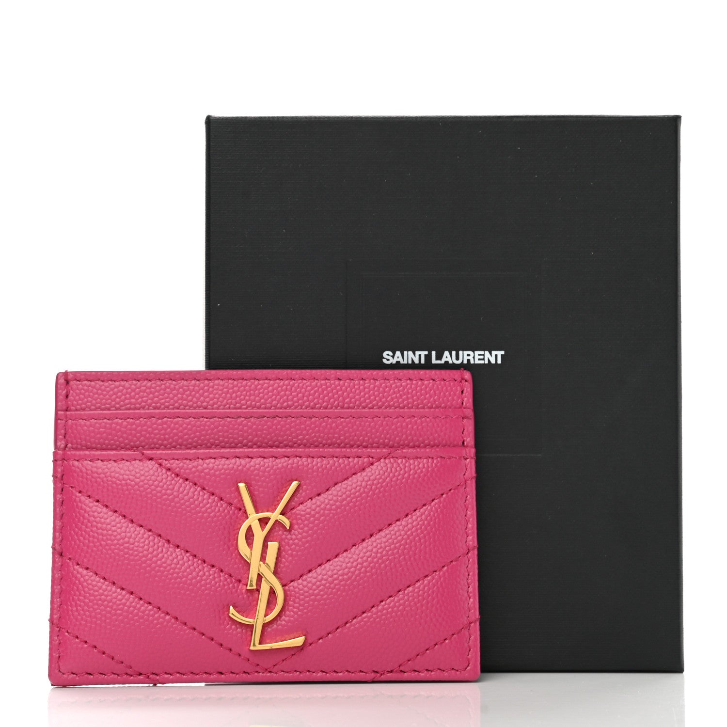 Saint Laurent Grain De Poudre Matelasse Chevron Monogram Credit Card Case Fresh Fuxia 8 of 8
