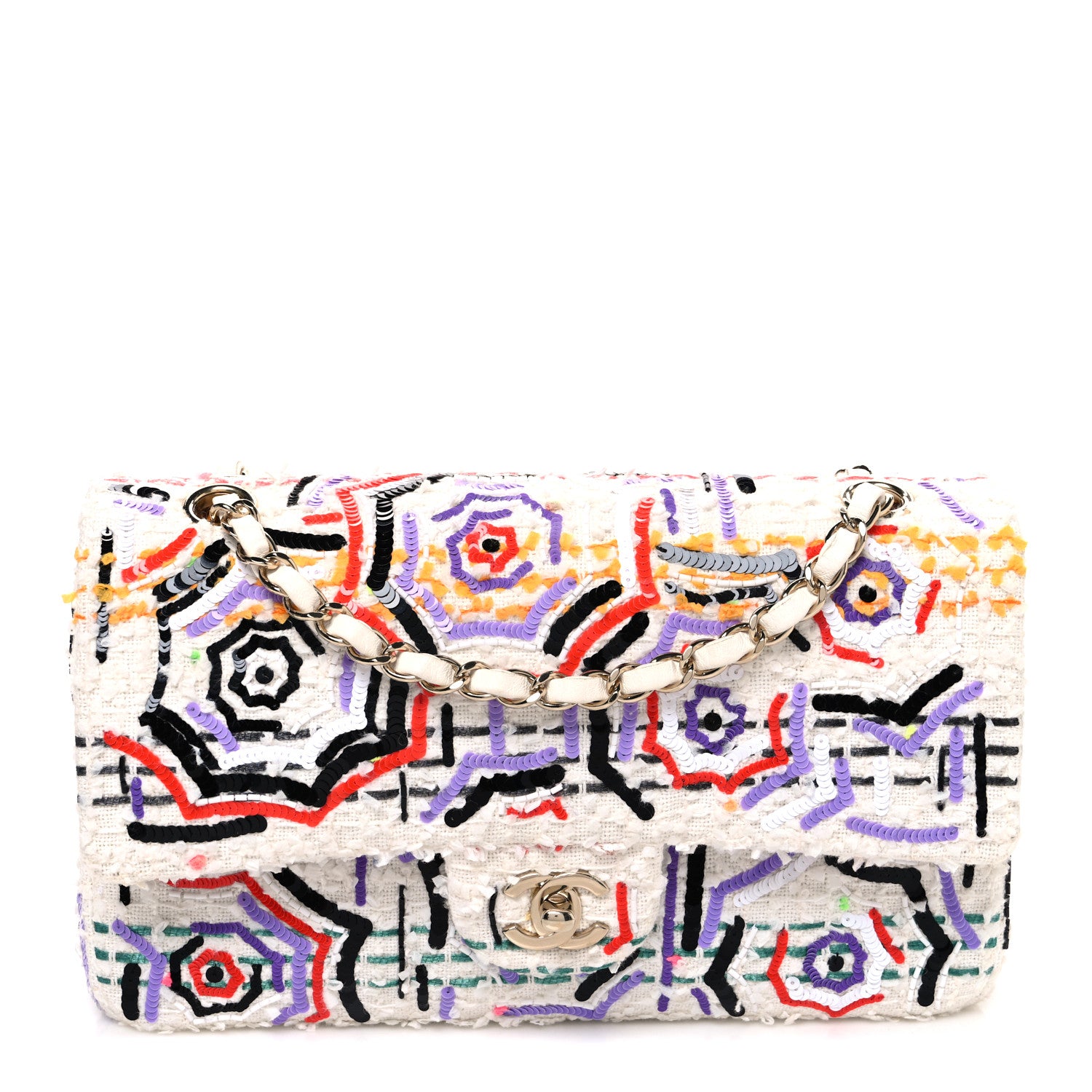Chanel Tweed Braid Sequin Medium Double Flap White Purple Multicolor 1 of 10