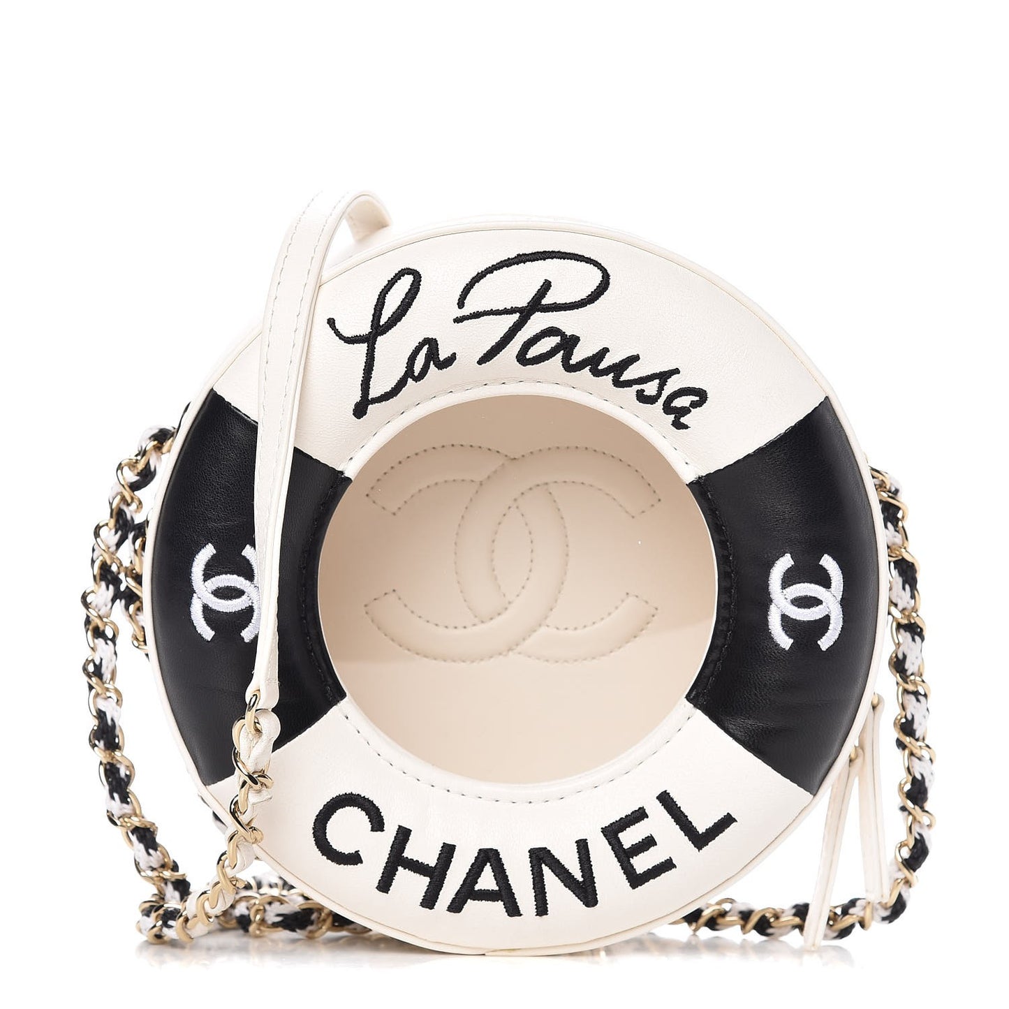 Lambskin Coco Lifesaver Round Bag Black White