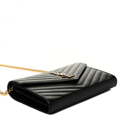 Saint Laurent Grain De Poudre Matelasse Chevron Monogram Chain Wallet Black 3 of 6