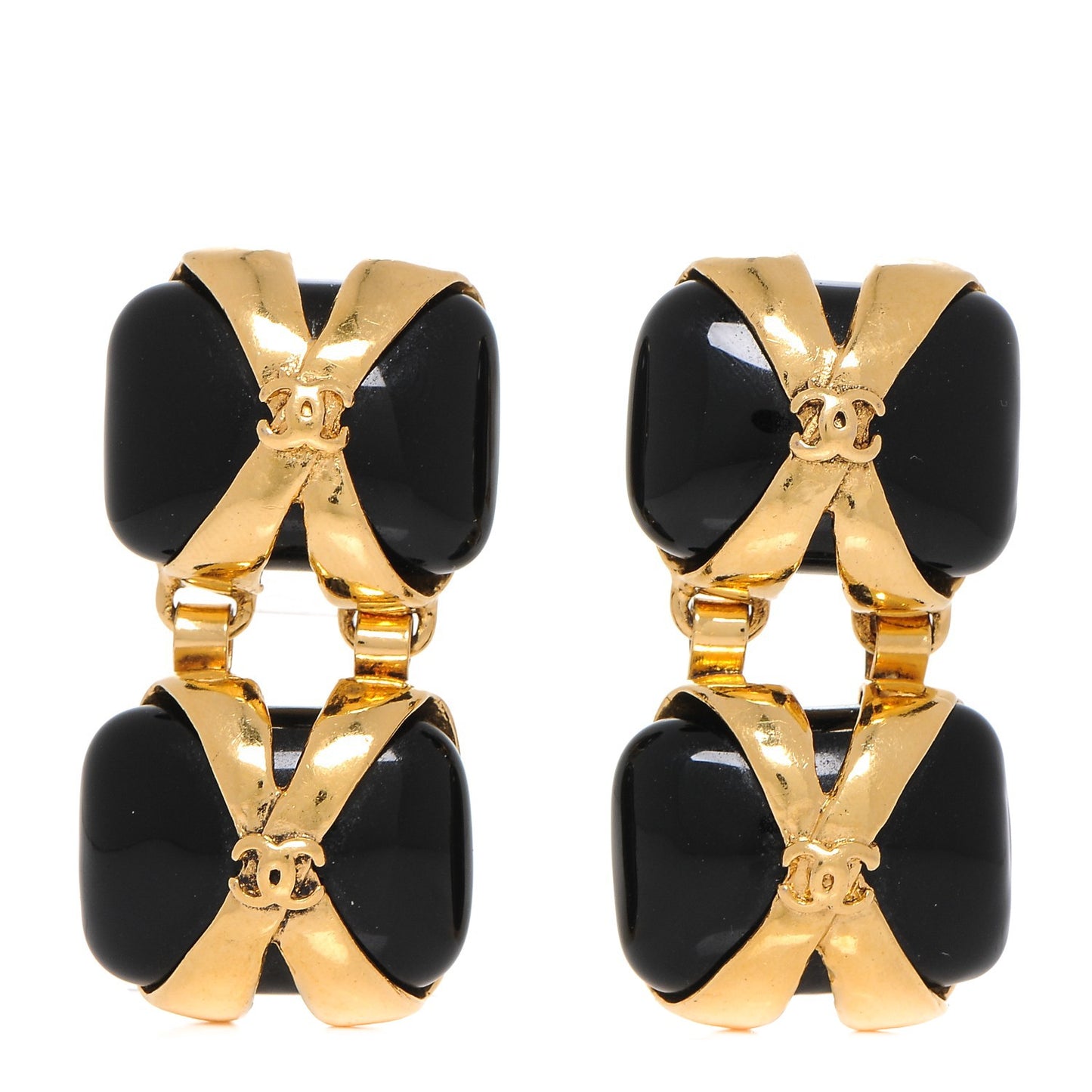 CC Clip On Drop Earrings Gold Black
