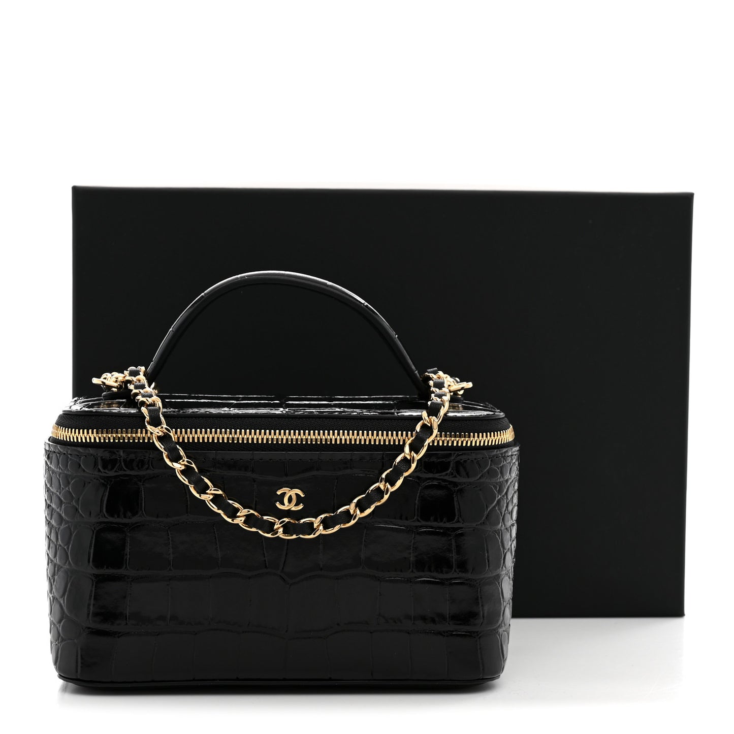 Calfskin Crocodile Embossed Crococo Small Top Handle Vanity Case With Chain Black