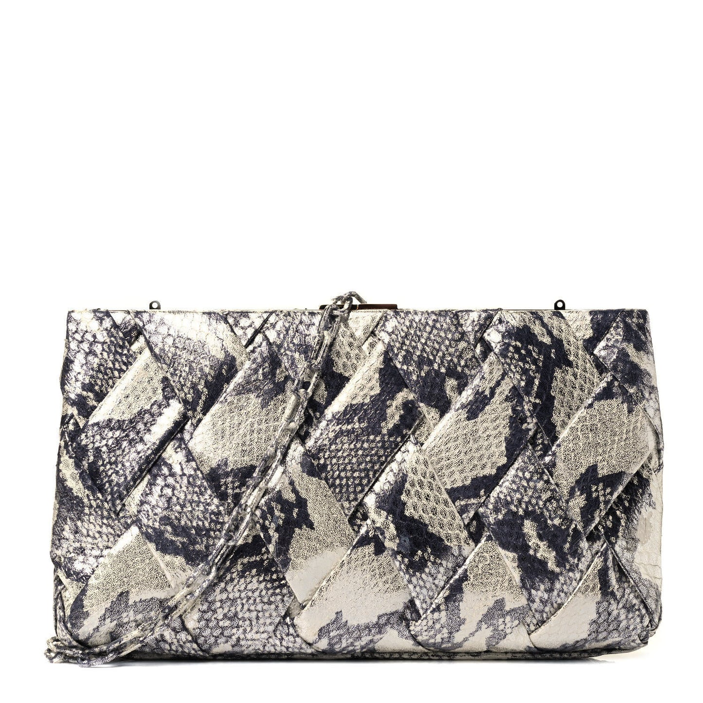 Snakeskin Woven Large Frame Chain Clutch Natural