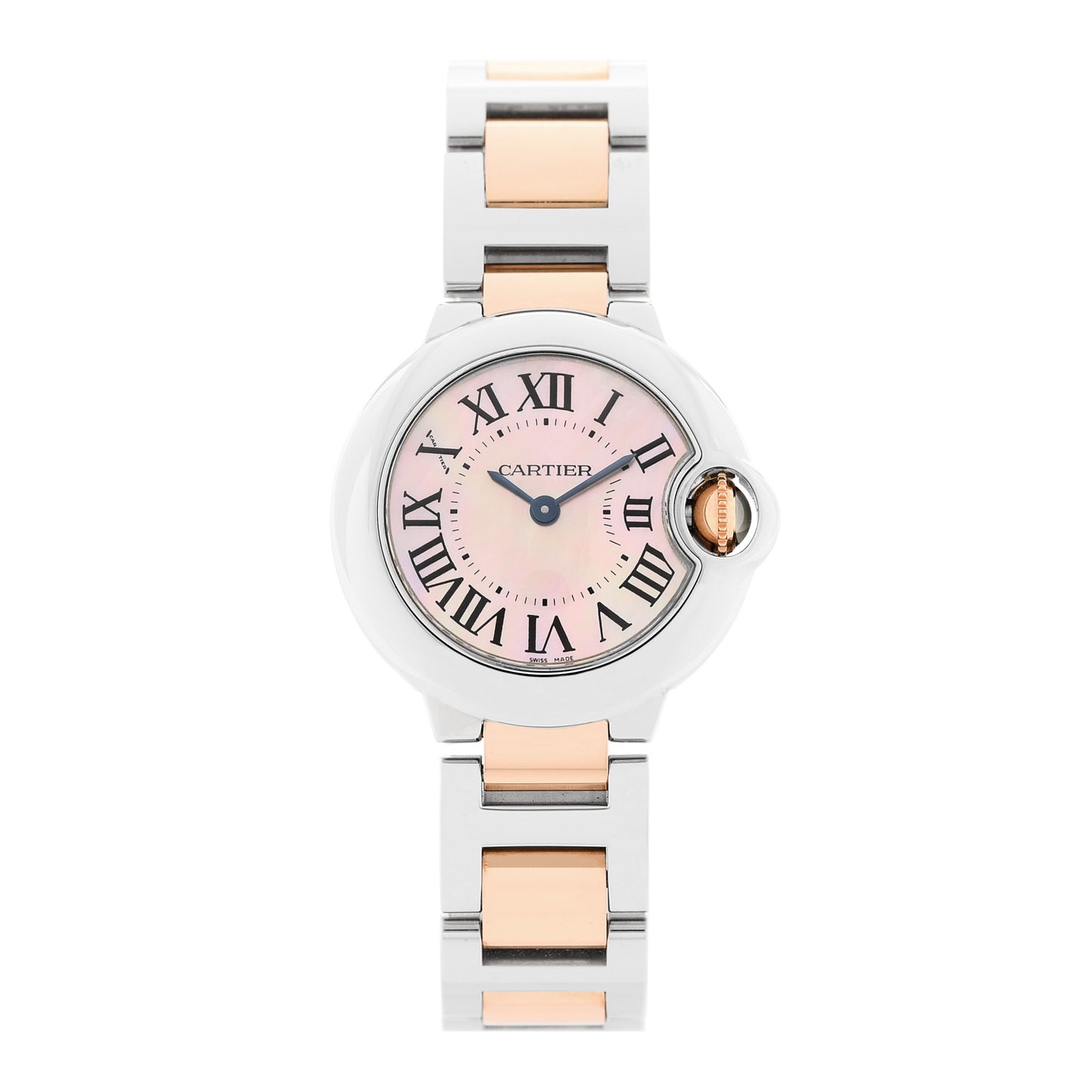 Stainless Steel 18K Pink Gold Mother of Pearl 28mm Ballon Bleu De Cartier Quartz Watch