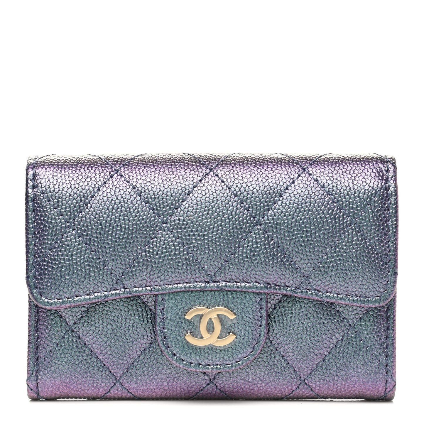 Iridescent Caviar Quilted Flap Card Holder Wallet Dark Blue