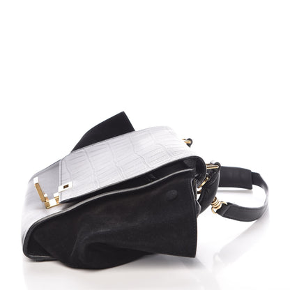 Celine Crocodile Embossed Calfskin Suede Medium Trapeze Black 9 of 23
