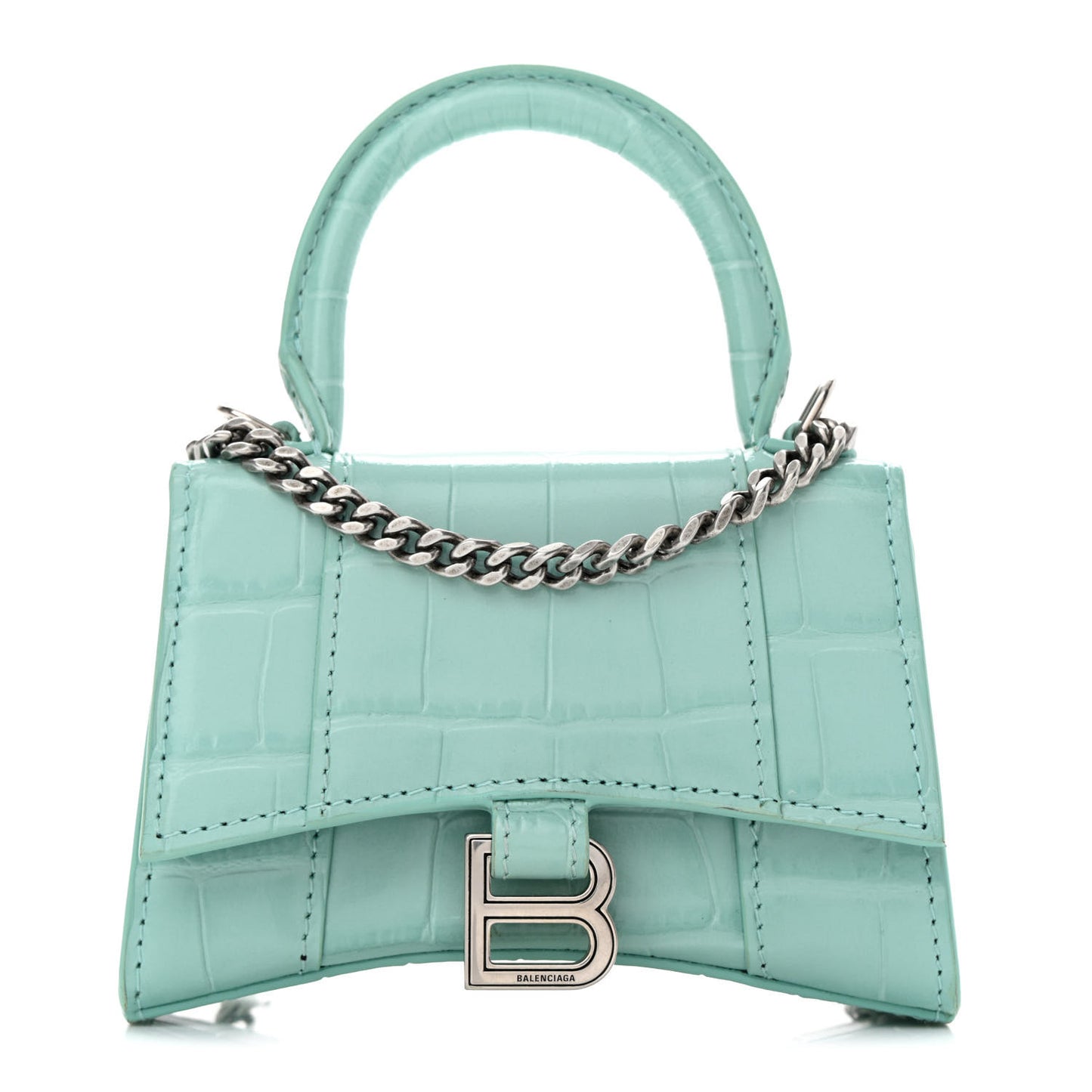 Shiny Calfskin Crocodile Embossed Hourglass Top Handle Bag Mini with Chain Green Acqua
