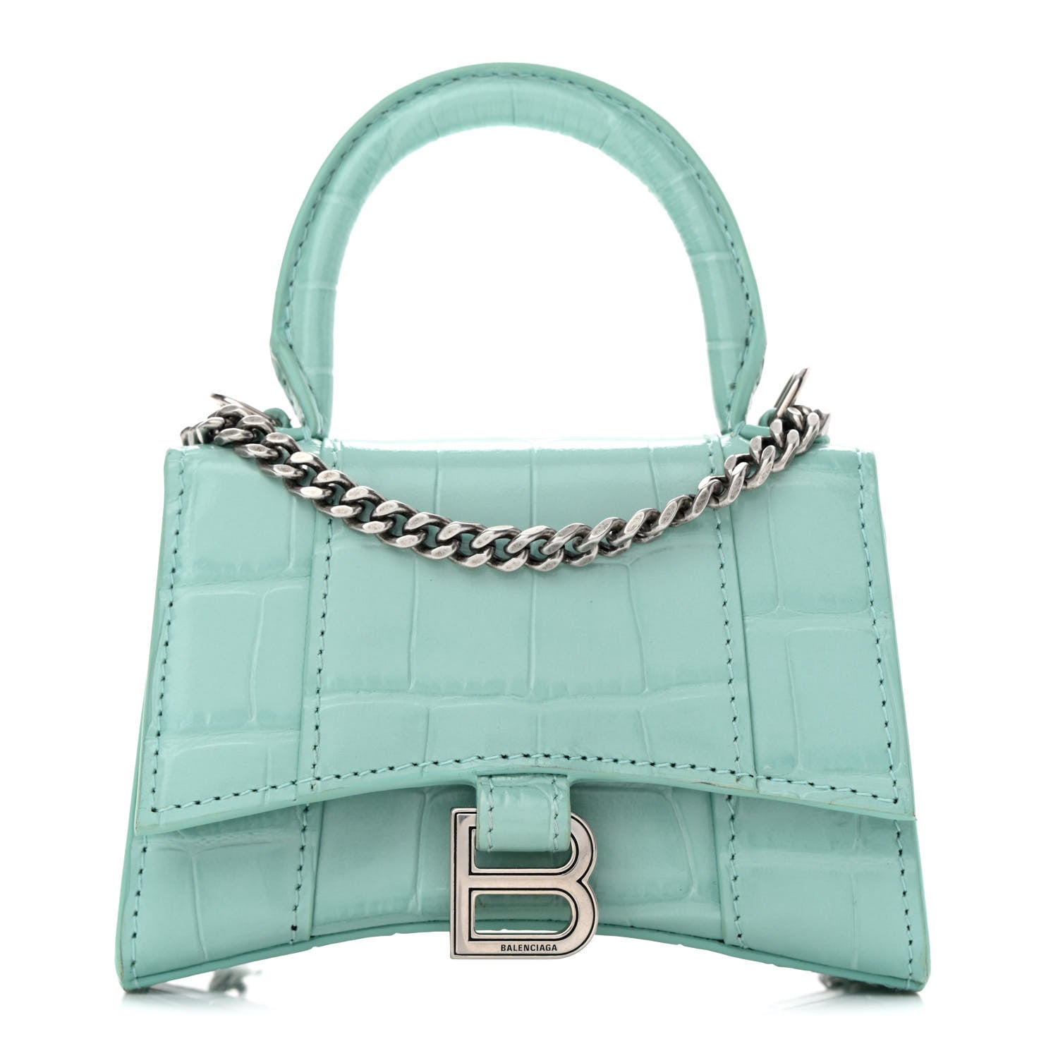 Balenciaga Shiny Calfskin Crocodile Embossed Hourglass Top Handle Bag Mini with Chain Green Acqua 1 of 11