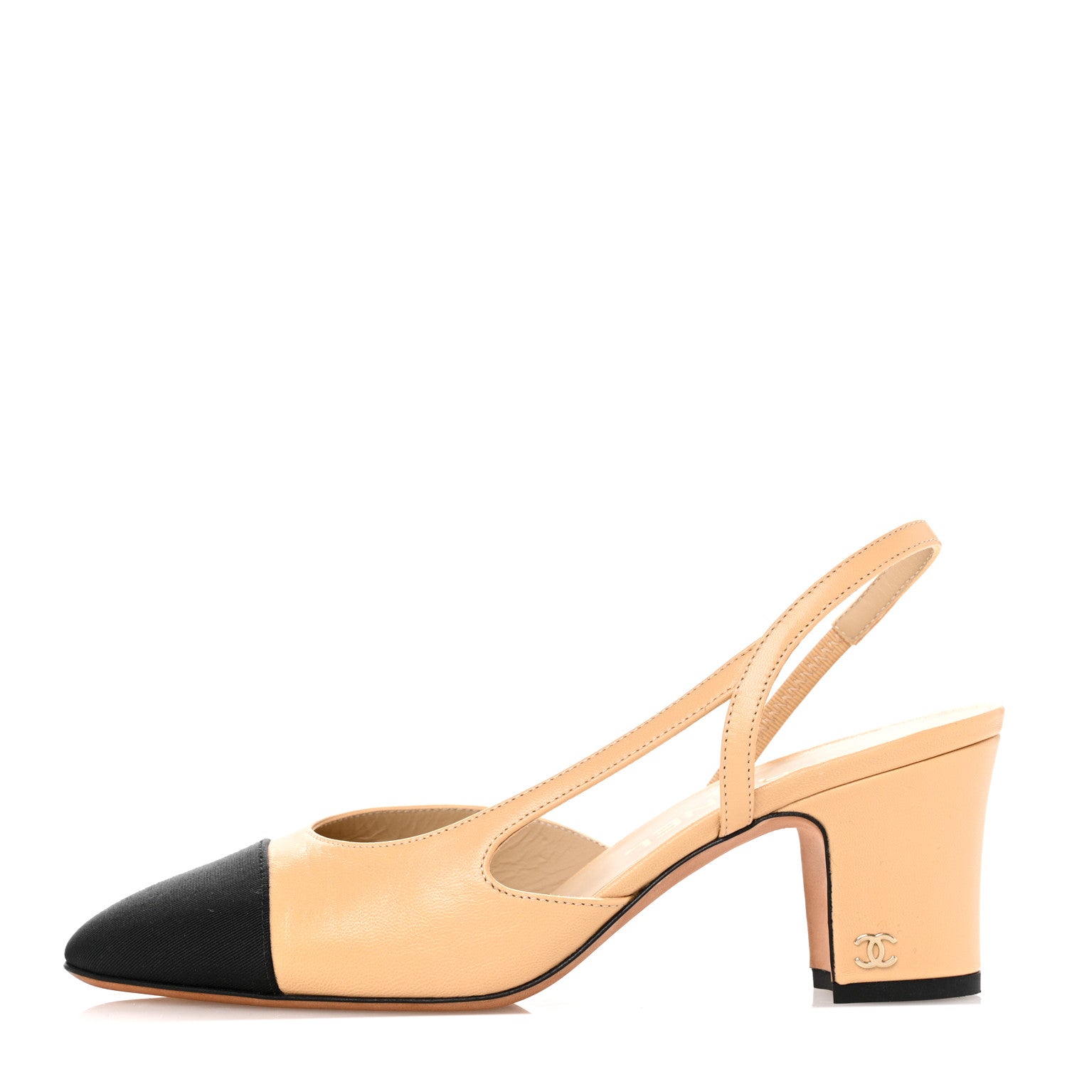 Chanel Goatskin Grosgrain Cap Toe CC Slingback Pumps 36 Beige Black 1 of 13