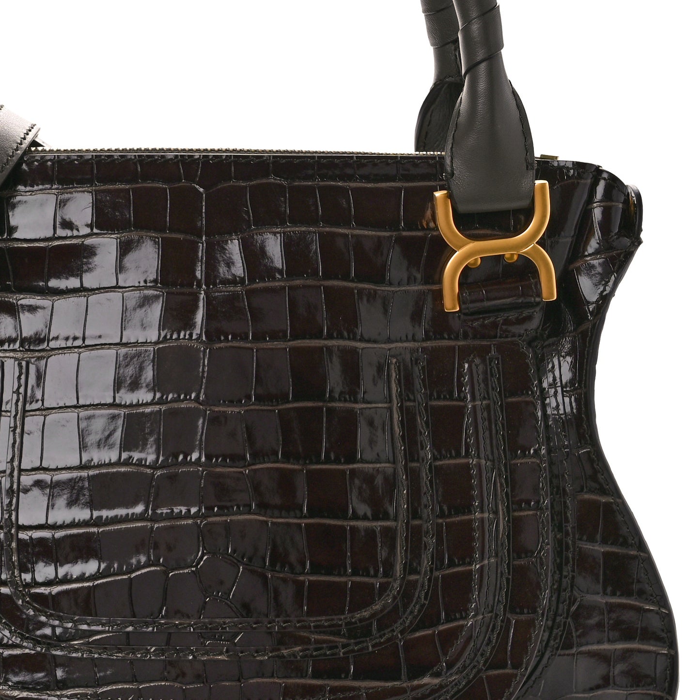 Calfskin Crocodile Embossed Small Marcie Satchel Profound Brown