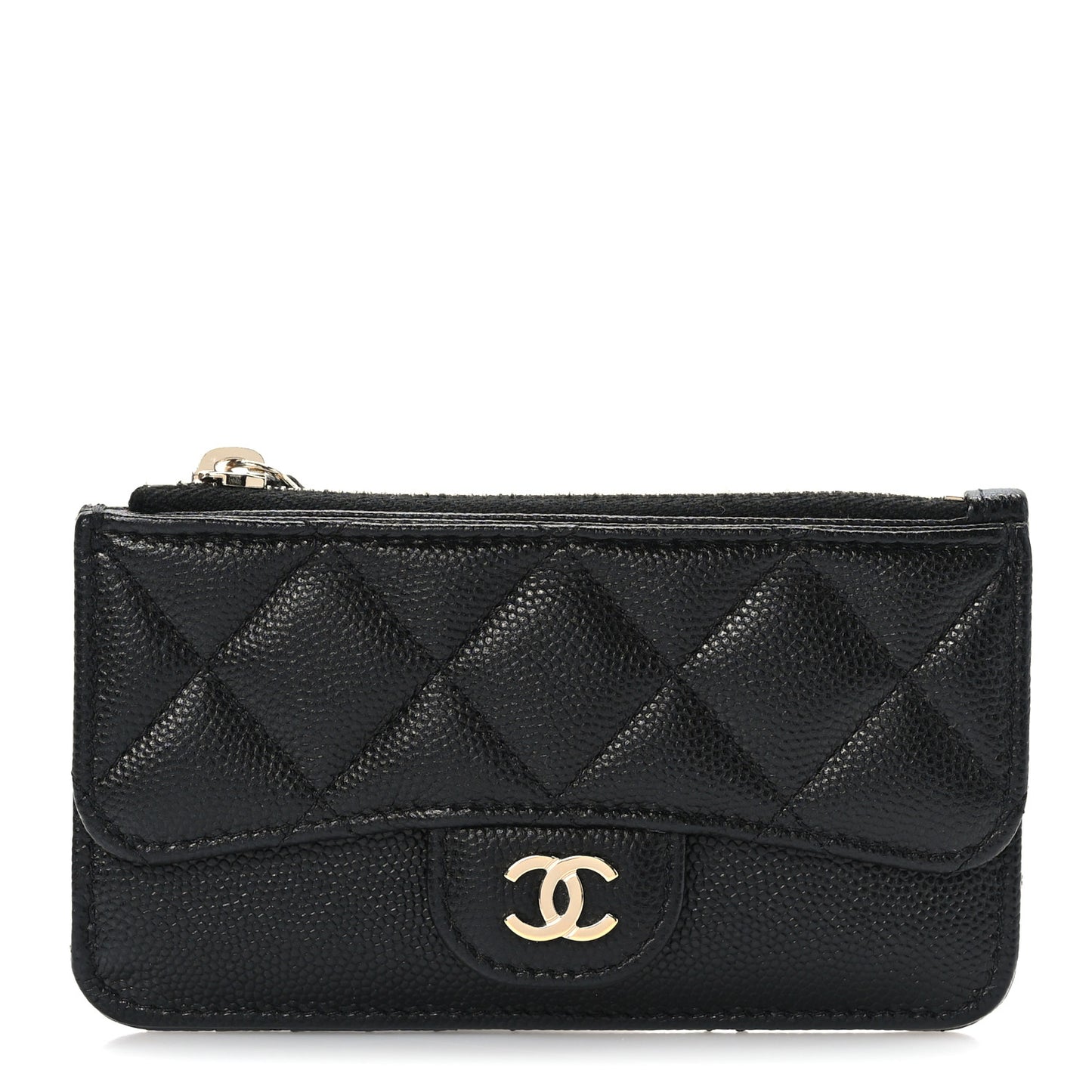 Caviar Quilted Flap Zip Card Holder Black