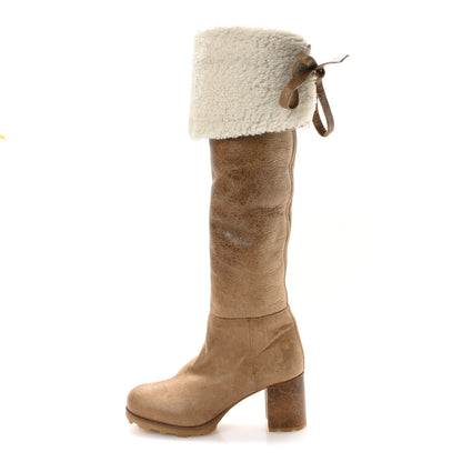 Miu Miu Shearling Calfskin Knee High Heel Boot 38.5 Brown 1 of 7
