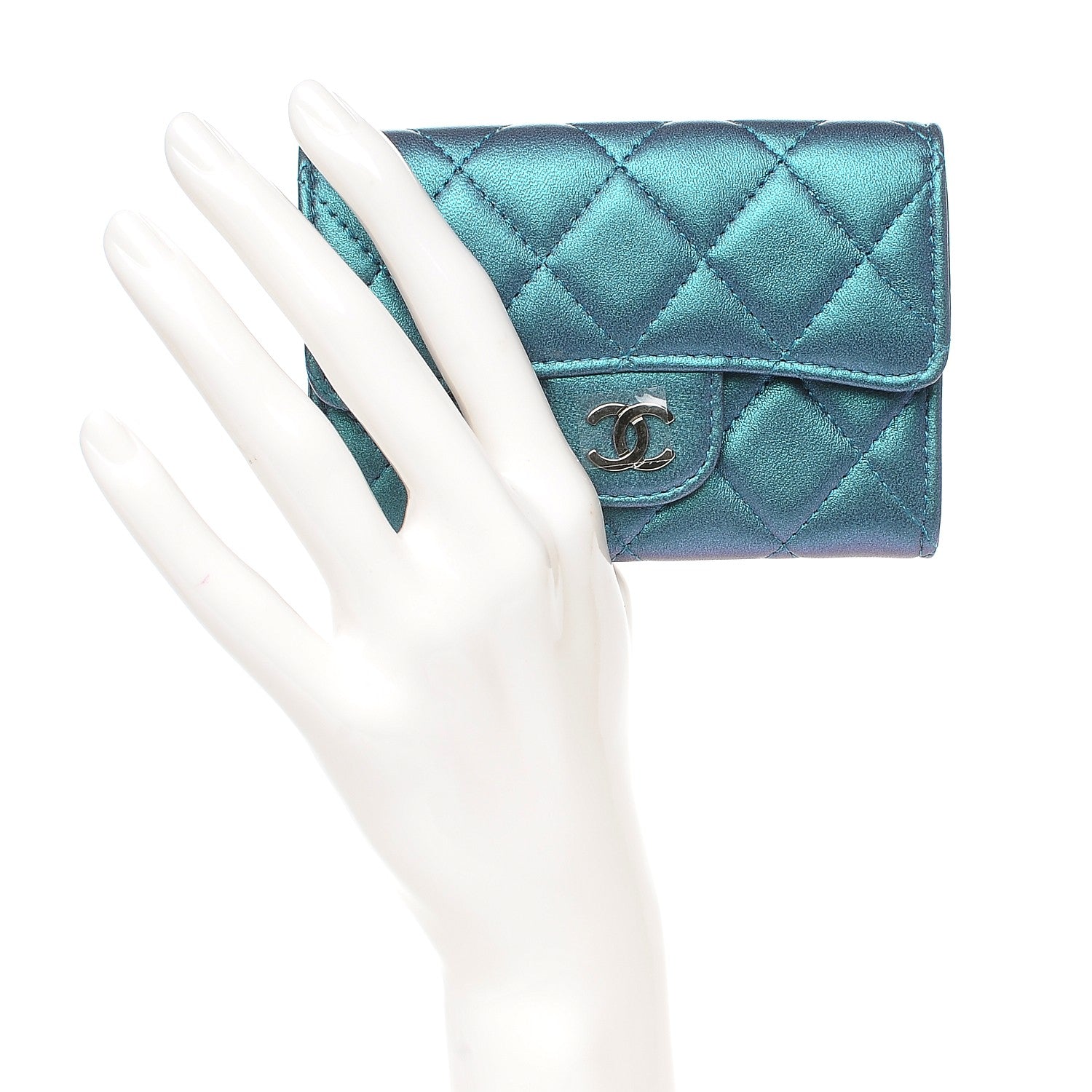 Chanel Metallic Lambskin Quilted Flap Card Holder Turquoise 2 of 9