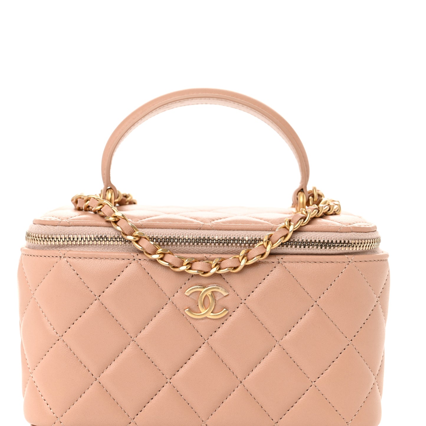 Lambskin Quilted Small Top Handle Vanity Case With Chain Beige