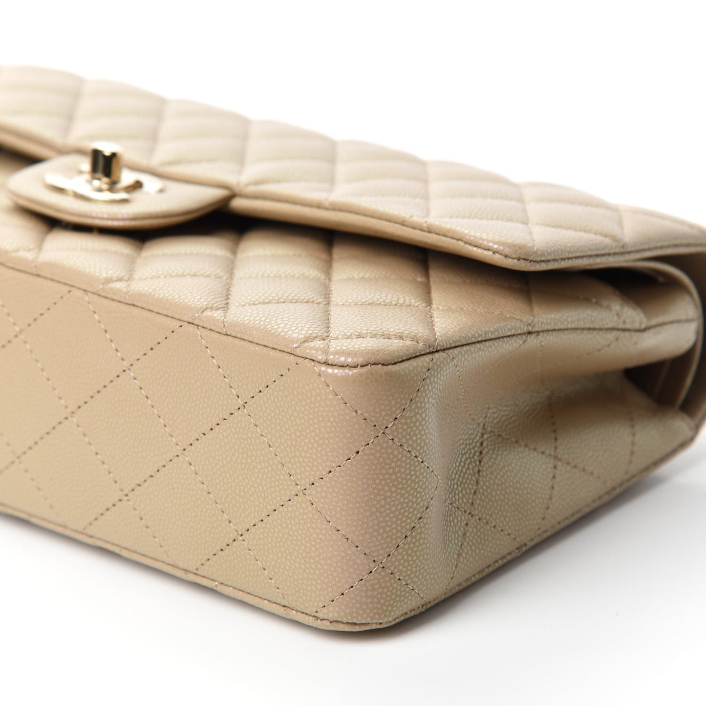 Iridescent Caviar Quilted Medium Double Flap Dark Beige