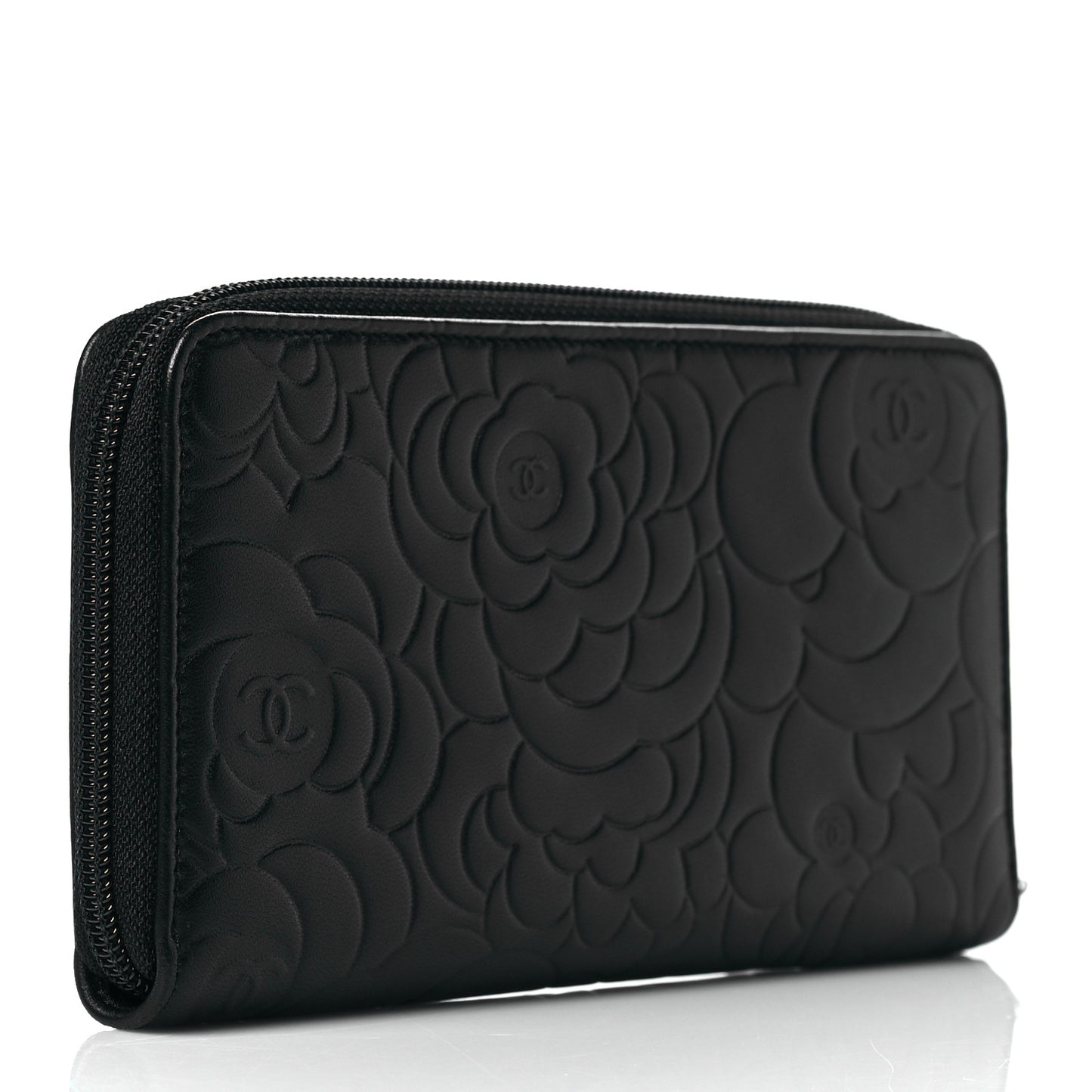 Lambskin Camellia Embossed Large Zip Around Gusset Wallet Black