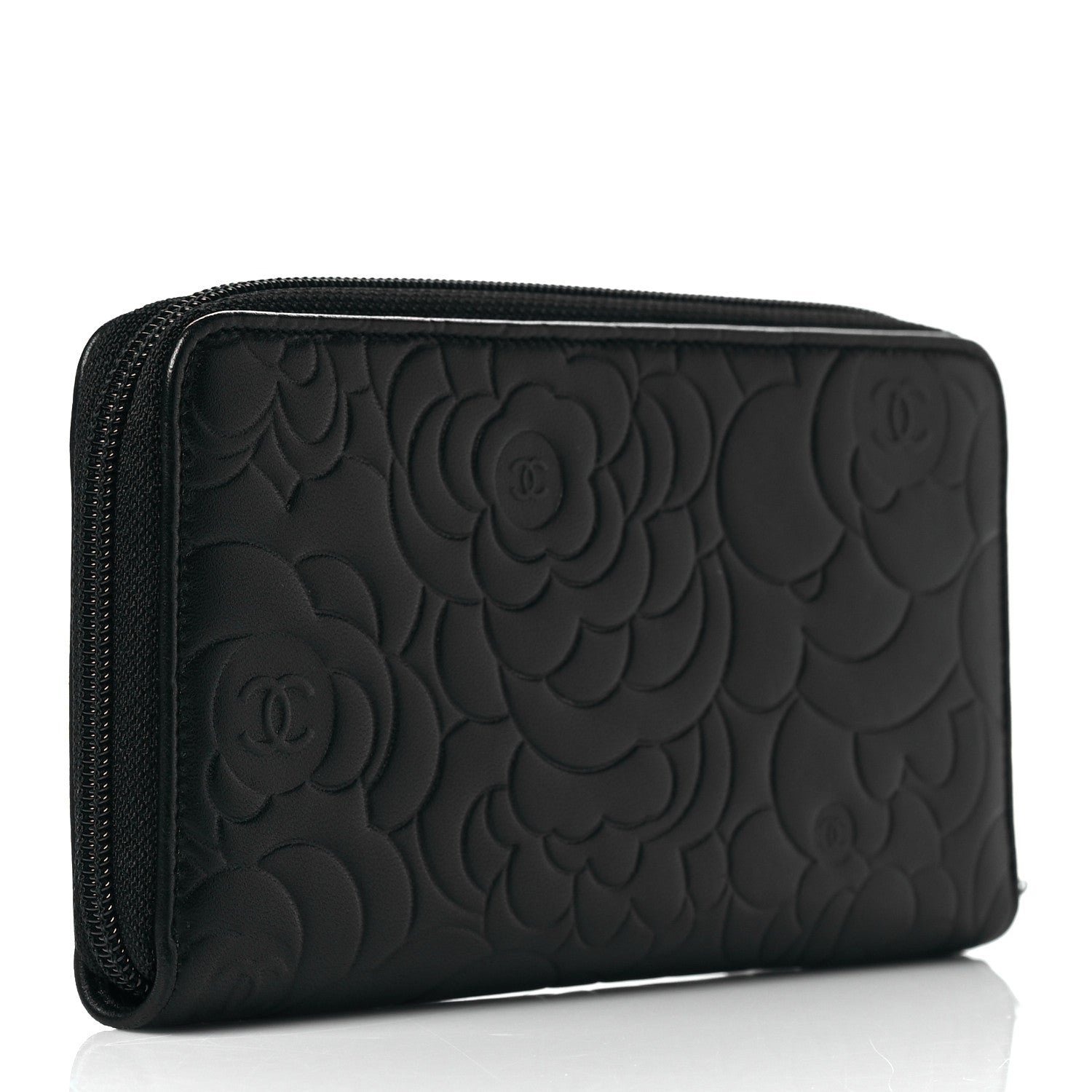 Chanel Lambskin Camellia Embossed Large Zip Around Gusset Wallet Black 3 of 9