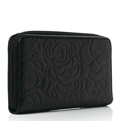 Chanel Lambskin Camellia Embossed Large Zip Around Gusset Wallet Black 3 of 9
